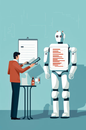 Man is writing on clipboard next to robot. Generative AI.の素材