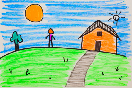 Drawing of person standing on hill with house. Generative AI.の素材