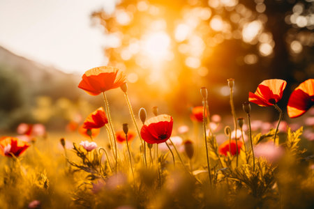 Field of red flowers with the sun shining in the background. Generative AI.の素材