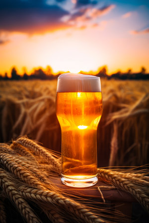 Glass of beer sitting on top of table next to wheat field. Generative AI.の素材