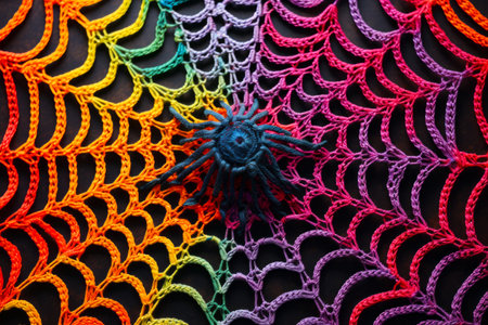 Rainbow colored crochet pattern with circular object. Generative AI.の素材