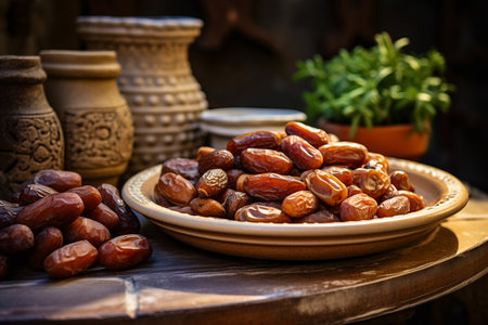 Plate of dates sitting on table next to potted plant. Generative AI.の素材