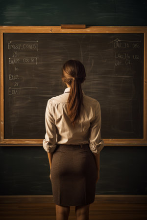Woman standing in front of chalkboard with writing on it. Generative AI.の素材