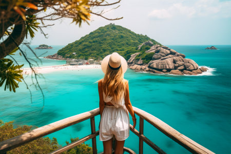 Woman standing on balcony looking out at the ocean. Generative AI.の素材