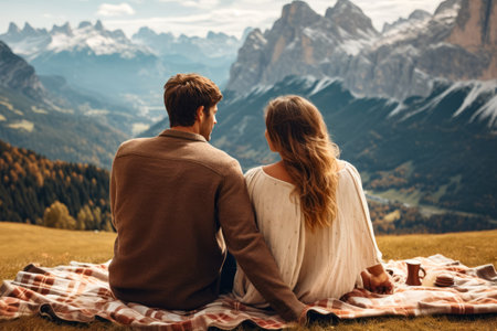 Man and woman sitting on blanket looking at the mountains. Generative AI.の素材