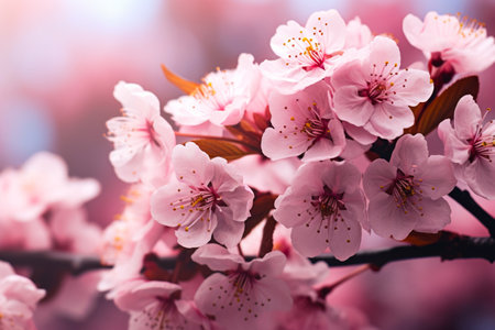 Close up of bunch of pink flowers on tree. Generative AI.の素材