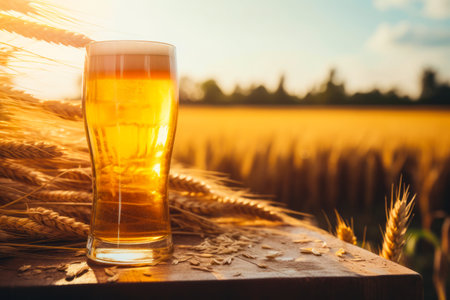 Glass of beer sitting on top of wooden table. Generative AI.の素材
