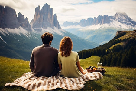 Couple sitting on blanket looking at the mountains and mountains. Generative AI.の素材