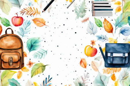 Watercolor painting of autumn leaves and apples with pencil. Generative AI.の素材