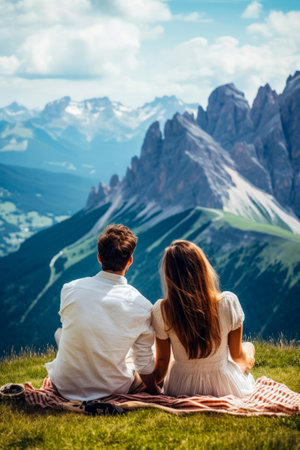 Man and woman sitting on the hill looking at the mountains. Generative AI.の素材