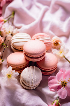 Bunch of macaroons are on table with flowers. Generative AI.の素材