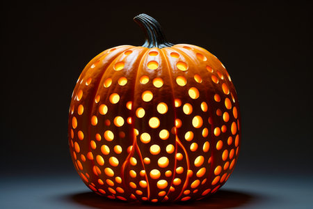 Carved pumpkin with holes and holes on it's face. Generative AI.の素材