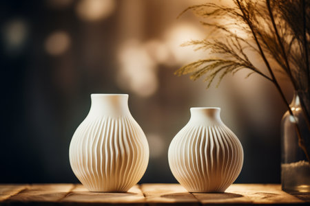 Two white vases sitting on table with plant in the background. Generative AI.の素材