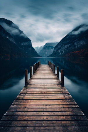 Wooden dock in lake with mountains in the background. Generative AI.の素材