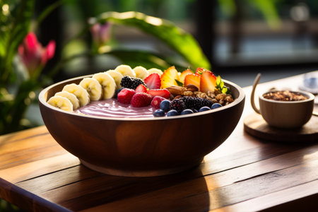 Bowl of fruit and nuts on table with cup of coffee. Generative AI.の素材