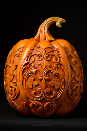 Carved pumpkin with decorative design on it's side. Generative AI.の素材