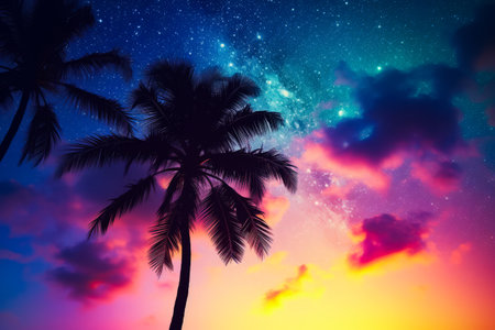 Palm tree with colorful sky in the background and stars in the sky. Generative AI.の素材