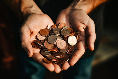 Person holding handful of coins in their hands with black background. Generative AI.の素材
