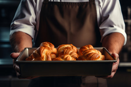 Person holding tray of croissants in their hands. Generative AI.の素材