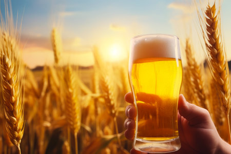 Person holding glass of beer in field of wheat. Generative AI.の素材