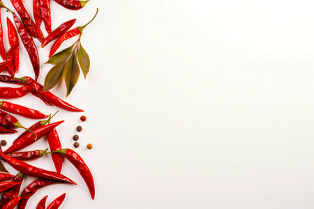 White background with chili peppers and spices on it, with place for text. Generative AI.の素材