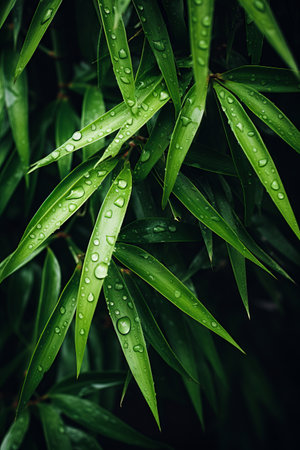 Close up of green plant with water drops on it. Generative AI.の素材