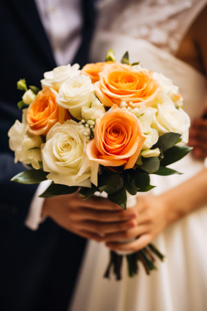 Bride holding bouquet of white and orange roses in her hands. Generative AI.の素材