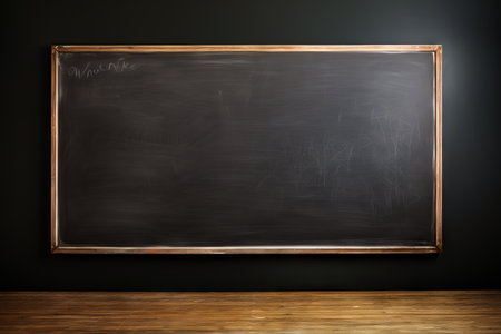 Blackboard with writing on it in room with wooden floor. Generative AI.の素材