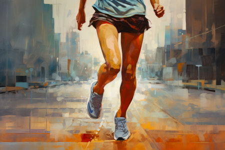 Image of woman running in the rain in blue shirt. Generative AI.の素材