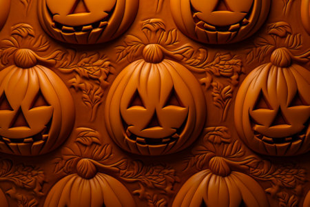Close up of pumpkin carving on wall with faces. Generative AI.の素材