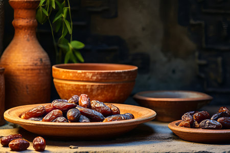 Bowl of dates sitting on table next to bowl of dates. Generative AI.の素材