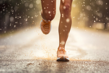 Person running in the rain with their feet in the air. Generative AI.の素材
