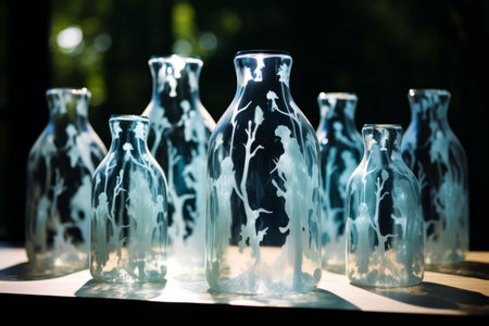 Group of vases sitting on table with trees painted on them. Generative AI.の素材