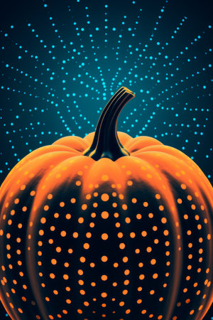 Pumpkin with blue background and orange dots on it. Generative AI.の素材