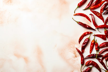 Group of red chili peppers on white surface with place for text. Generative AI.の素材