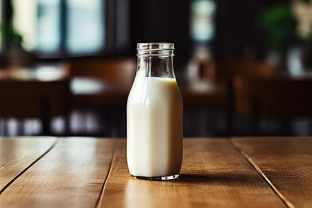 Glass bottle of milk sitting on wooden table in restaurant. Generative AI.の素材