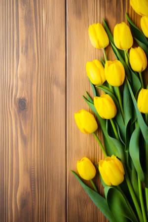 Bunch of yellow tulips on wooden table. Generative AI.の素材