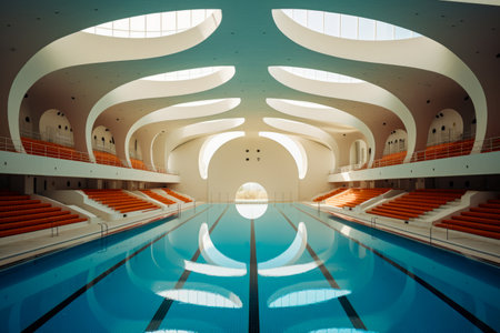 Large swimming pool with skylight above it and row of orange steps. Generative AI.の素材