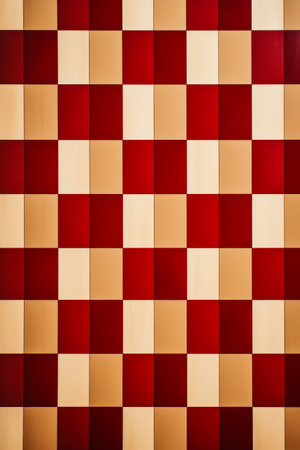 Red and beige checkered pattern with white background. Generative AI.の素材