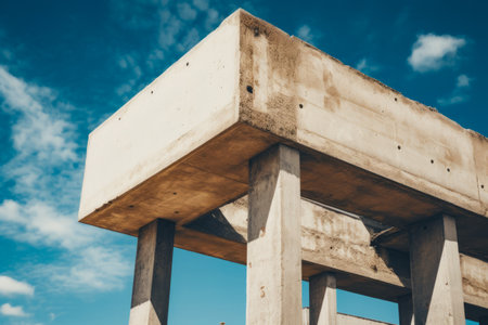 Concrete bench sitting under blue sky with clouds in the background. Generative AI.の素材