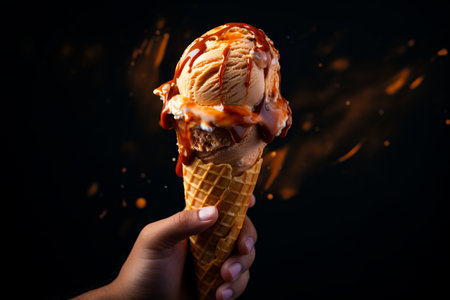 Hand holding chocolate ice cream cone with caramel sauce. Generative AI.の素材