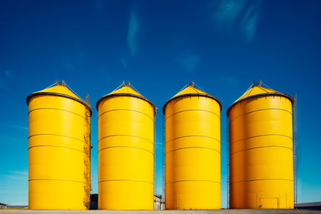 Row of yellow silos sitting next to each other. Generative AI.の素材