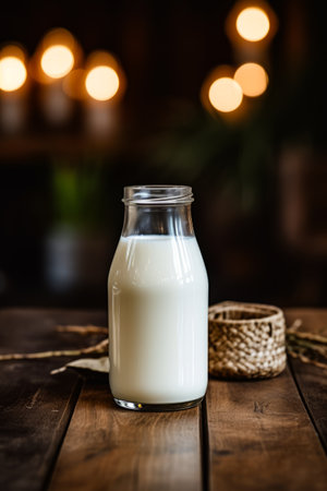 Glass of milk sitting on wooden table next to basket. Generative AI.の素材