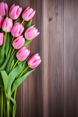 Bouquet of pink tulips on wooden table. Generative AI.の素材