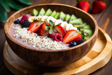 Bowl of fruit and rice on wooden plate with spoon. Generative AI.の素材