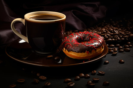 Chocolate donut and cup of coffee on plate. Generative AI.の素材
