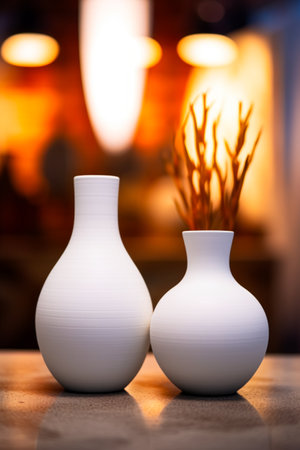 Two white vases sitting on table next to plant. Generative AI.の素材