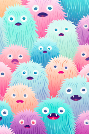 Group of colorful furry monsters with big eyes and mouths. Generative AI.の素材