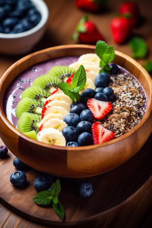 Bowl of fruit and cereal with spoon in it. Generative AI.の素材