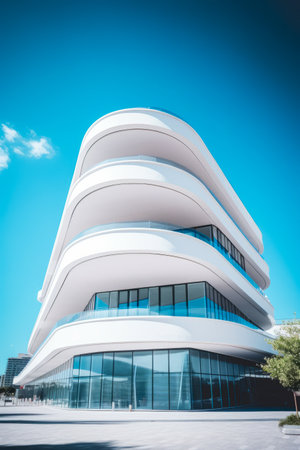 White building with curved facade and blue sky. Generative AI.の素材